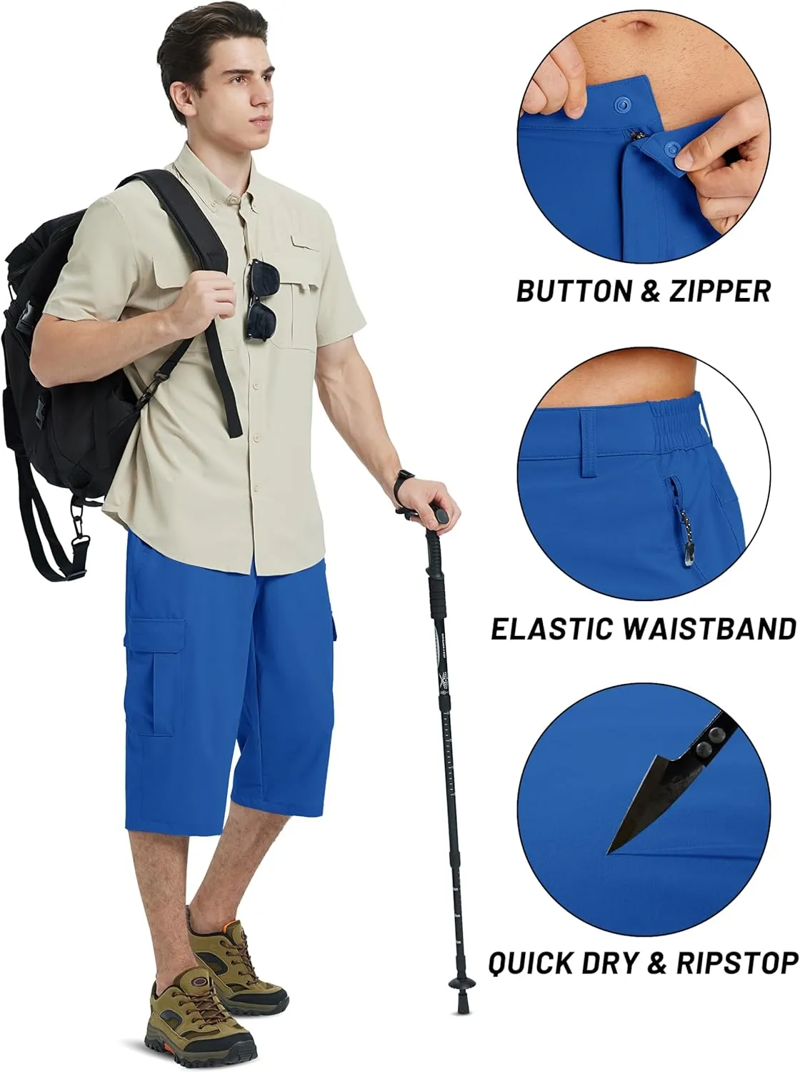 TACVASEN Men's Capri Pants Cargo Long Shorts Quick Dry Lightweight 3/4 Pants Below Knee Summer Hiking Work