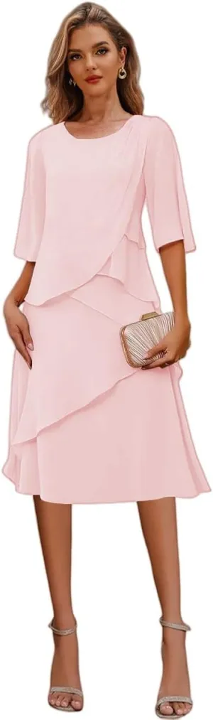 Tea Length Mother of The Bride Dresses for Wedding Ruffle Chiffon Formal Dress for with Sleeves