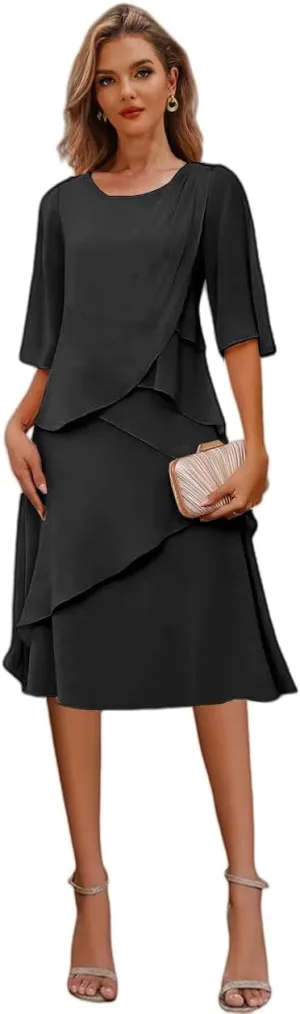 Tea Length Mother of The Bride Dresses for Wedding Ruffle Chiffon Formal Dress for with Sleeves