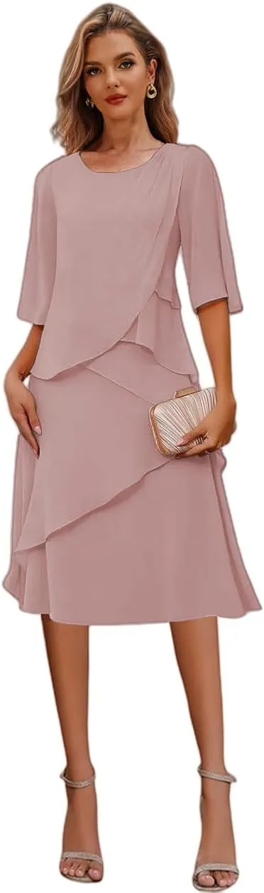 Tea Length Mother of The Bride Dresses for Wedding Ruffle Chiffon Formal Dress for with Sleeves