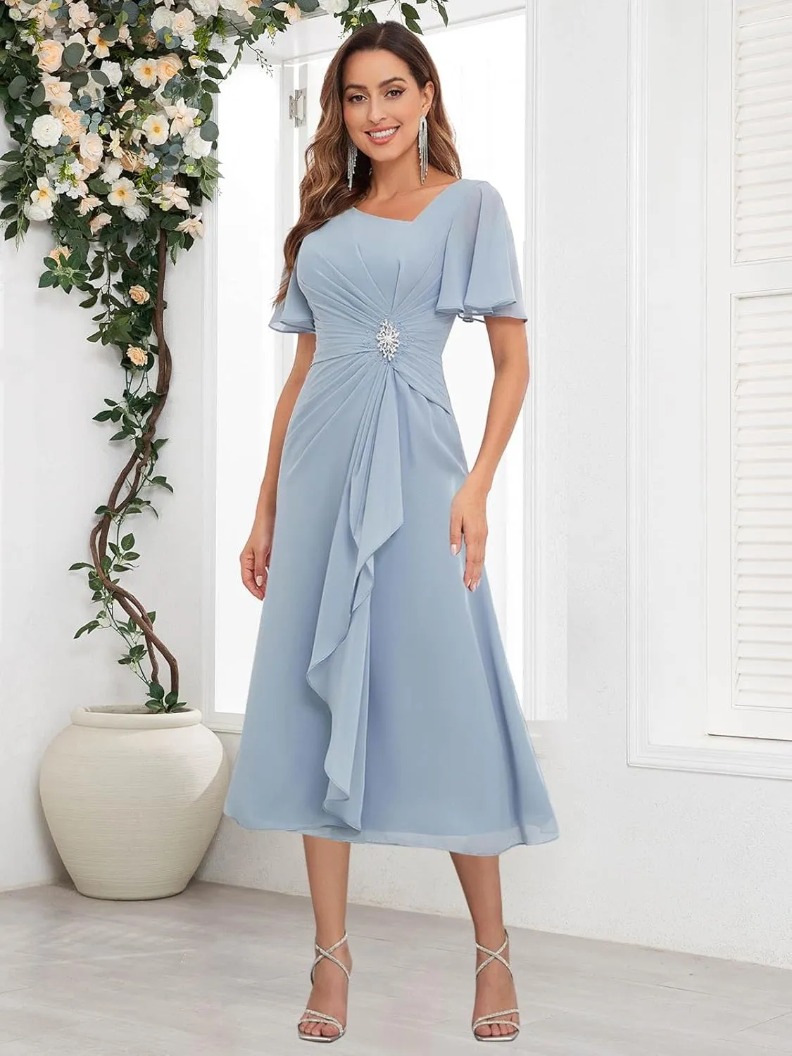 Tea Length Mother of The Bride Dresses with Sleeves Chiffon V Neck Ruffles Beaded A Line Formal Wedding Guest Dress