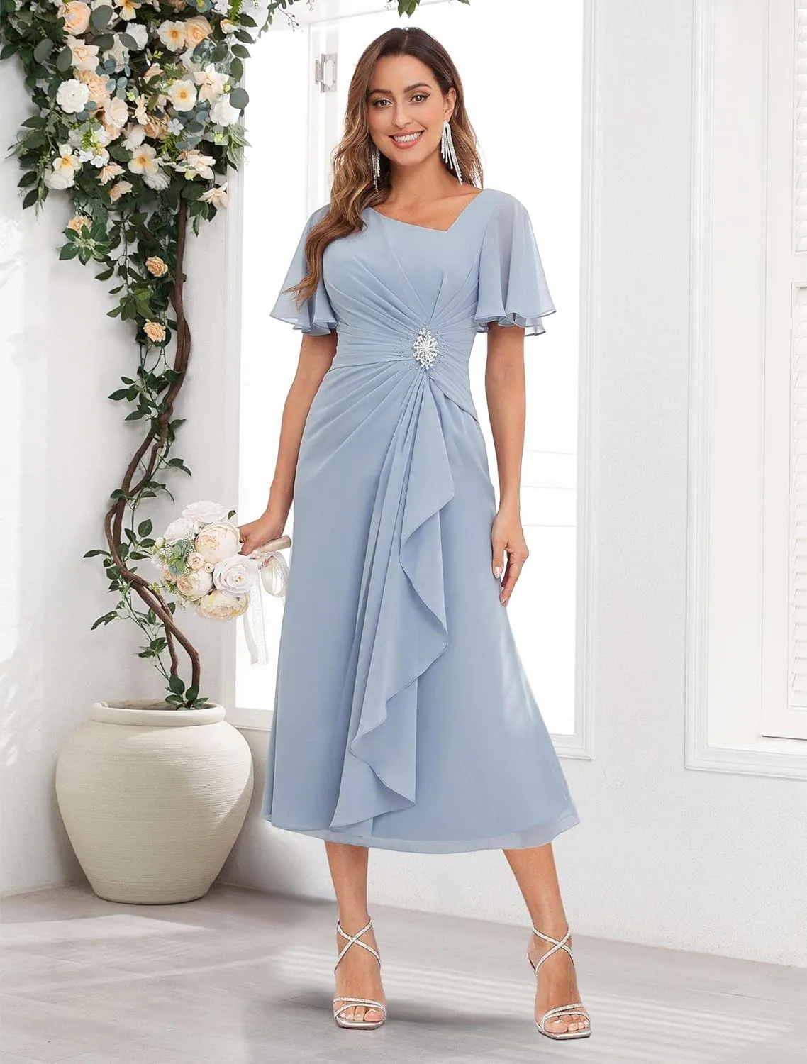 Tea Length Mother of The Bride Dresses with Sleeves Chiffon V Neck Ruffles Beaded A Line Formal Wedding Guest Dress