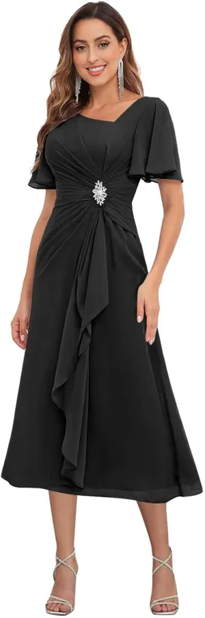 Tea Length Mother of The Bride Dresses with Sleeves Chiffon V Neck Ruffles Beaded A Line Formal Wedding Guest Dress