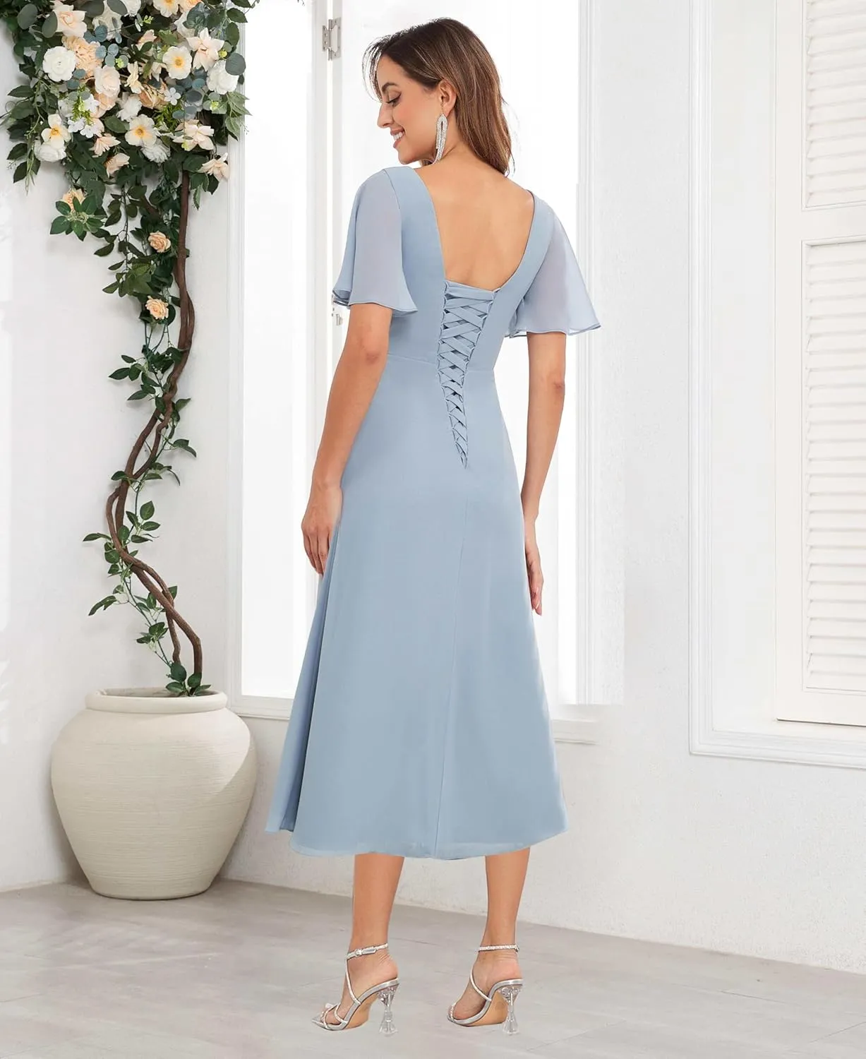 Tea Length Mother of The Bride Dresses with Sleeves Chiffon V Neck Ruffles Beaded A Line Formal Wedding Guest Dress