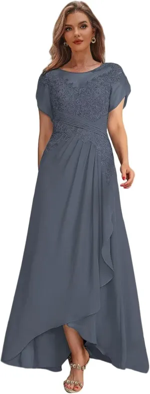 Tea Length Mother of The Bride Dresses with Sleeves High Low Lace Formal Dress for Women Wedding Guest