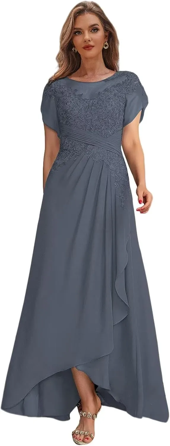 Tea Length Mother of The Bride Dresses with Sleeves High Low Lace Formal Dress for Women Wedding Guest