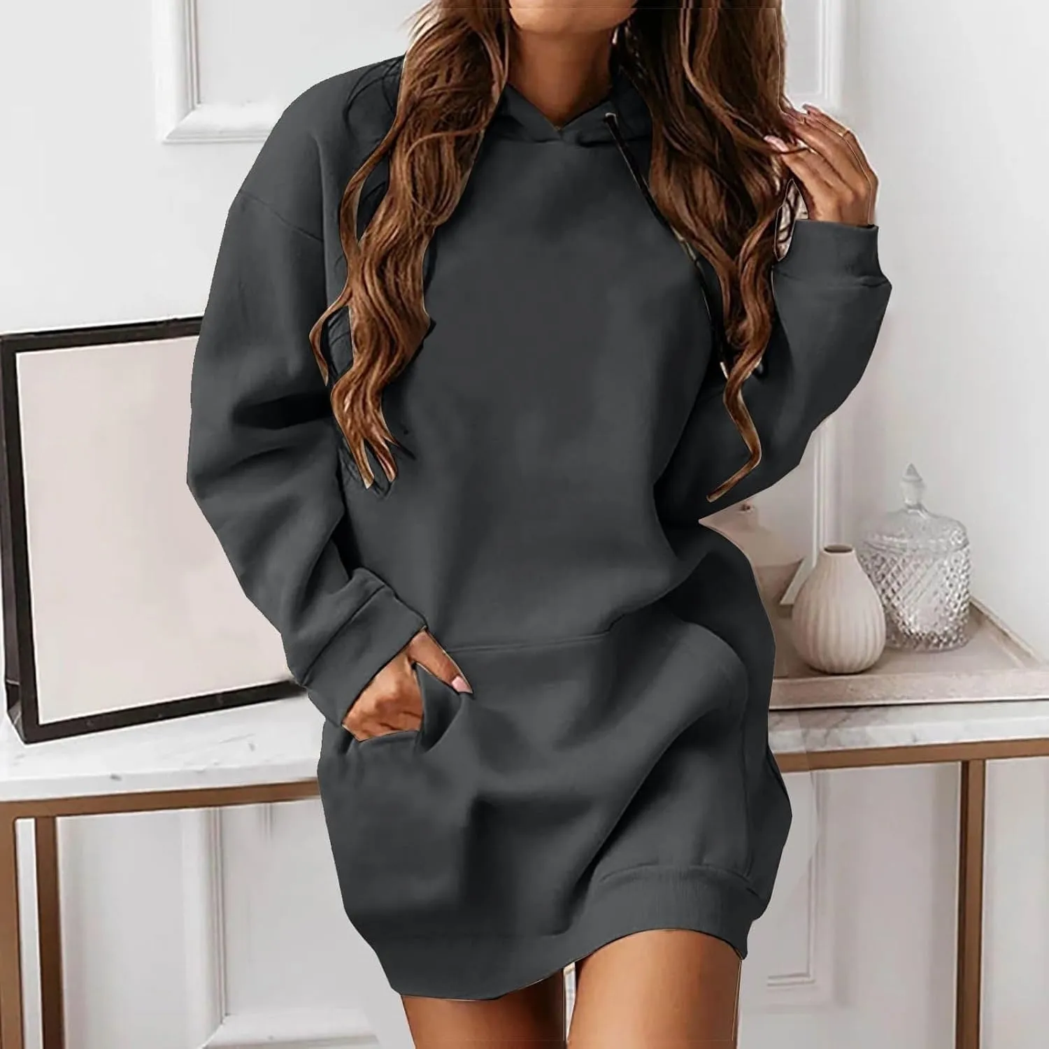 The Warmy Oversized Hoodie Dress for Womens Long Sleeve Pullover Tops with Pocket Fashion Fall Winter Hood