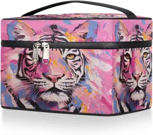Tiger Makeup Bag Organizer Toiletry Bag Vanity Case Pink Oil Painting Portable Cosmetics Make Up Bag Zipper Pouch Case Organizer Waterproof Travel Toiletry Storage Bag for Women