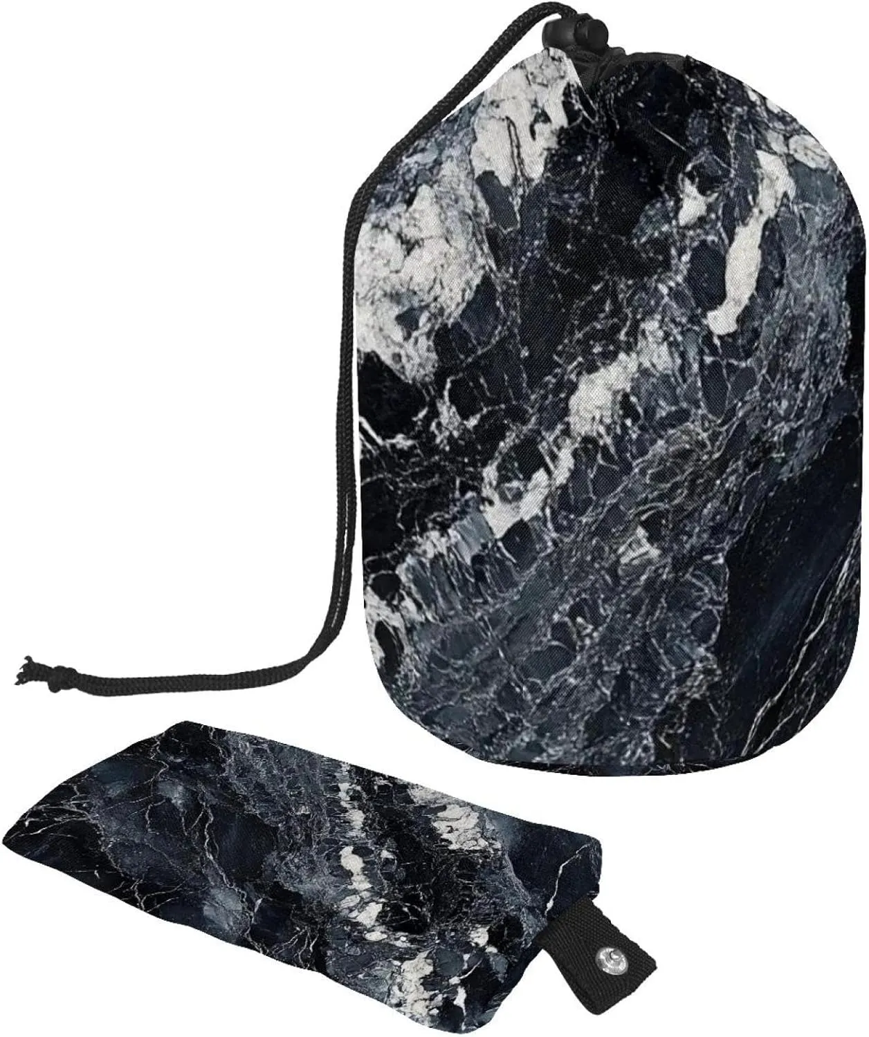 Travel Cosmetic Bags bucket Makeup Bag, Black Marble Texture 22 Women Portable Foldable Cases, Multifunctional Toiletry Bucket Bags Round Organizer Storage