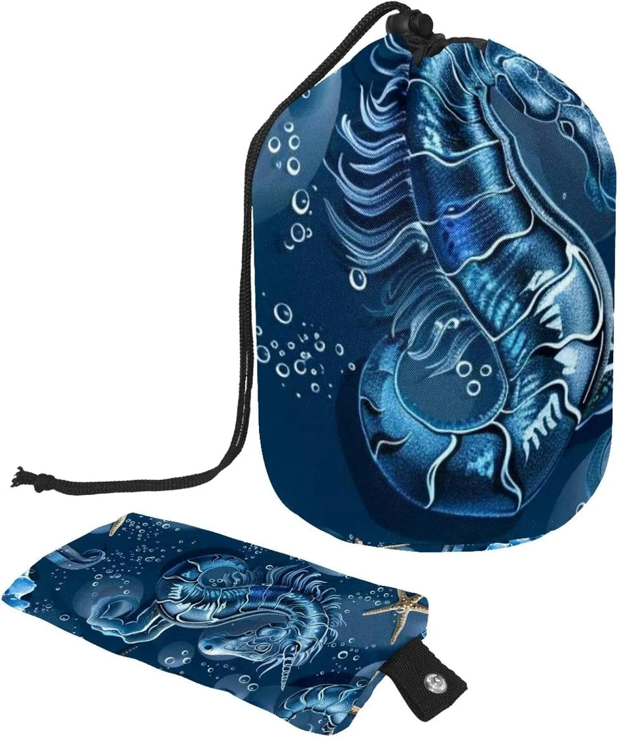 Travel Cosmetic Bags bucket Makeup Bag, Deep Sea Horse Shells Starfish Conch Crab Women Portable Foldable Cases, Multifunctional Toiletry Bucket Bags Round Organizer Storage