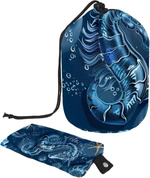 Travel Cosmetic Bags bucket Makeup Bag, Deep Sea Horse Shells Starfish Conch Crab Women Portable Foldable Cases, Multifunctional Toiletry Bucket Bags Round Organizer Storage