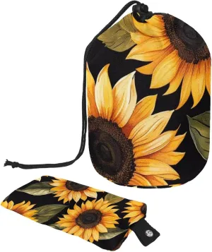 Travel Cosmetic Bags bucket Makeup Bag, Vintage Golden Sunflower Women Portable Foldable Cases, Multifunctional Toiletry Bucket Bags Round Organizer Storage