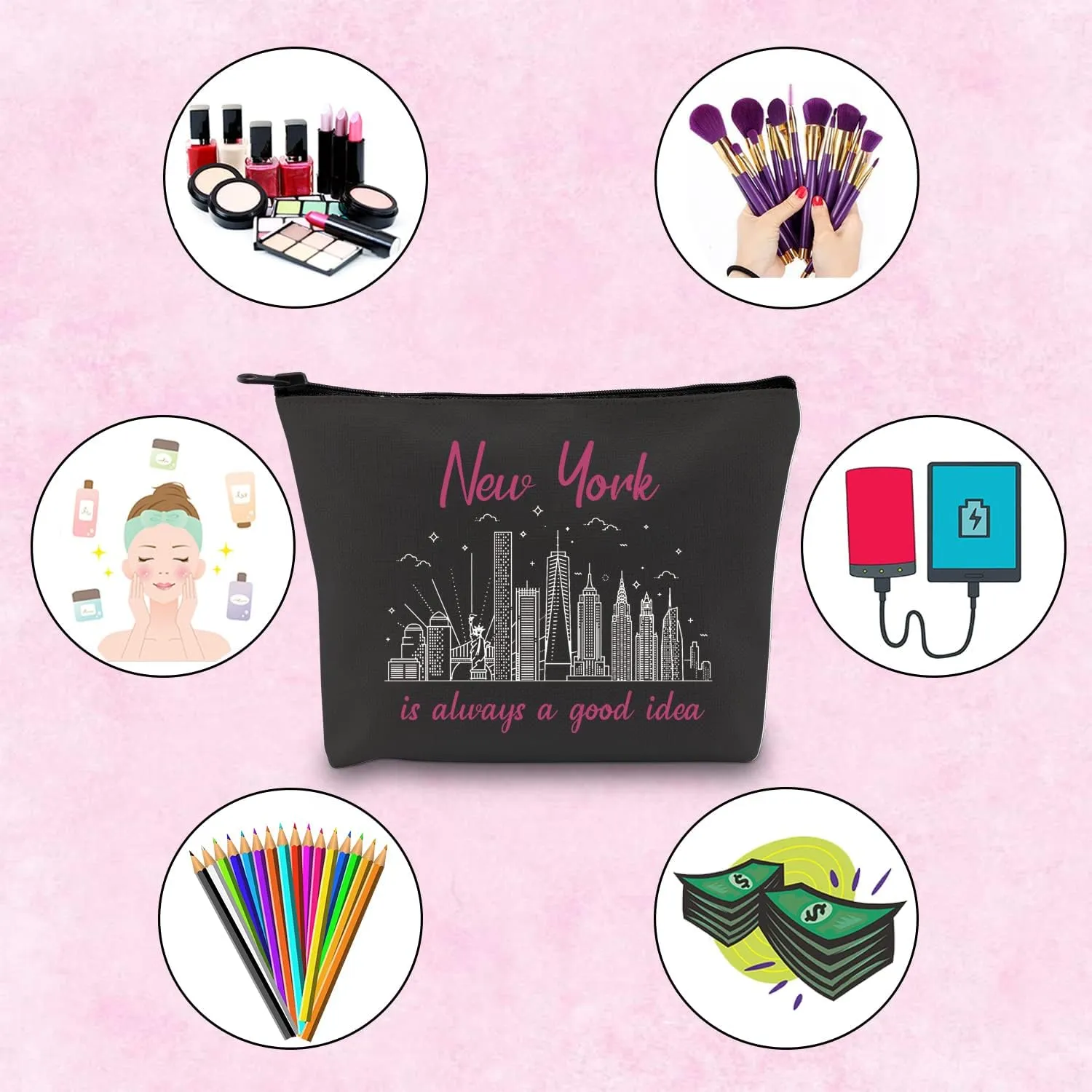 TSOTMO New York Bachelorette Party Favor - New York Vacation Zipper Pouch Makeup Bag (BLK-NY)