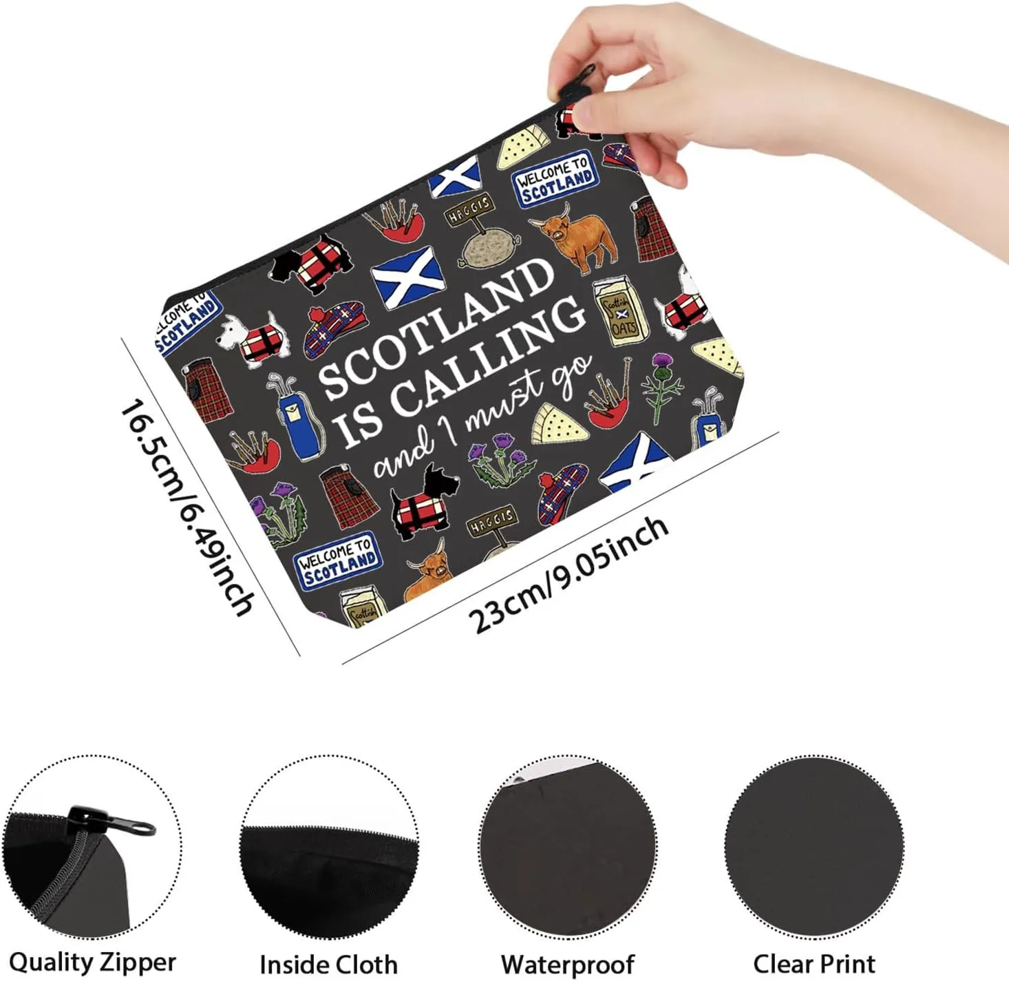 TSOTMO Scotland Makeup Bag Gift Edinburgh Gift Scotland Is Calling And I Must Go Zipper Bag Gift For Scottish (BLK-SCOTLAND), Beige