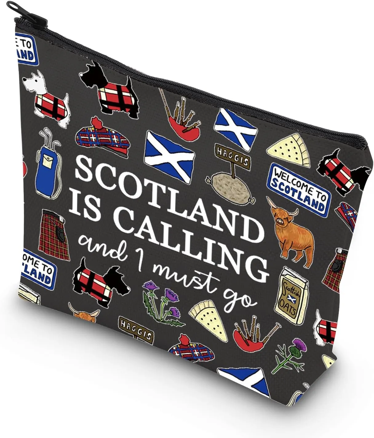 TSOTMO Scotland Makeup Bag Gift Edinburgh Gift Scotland Is Calling And I Must Go Zipper Bag Gift For Scottish (BLK-SCOTLAND), Beige