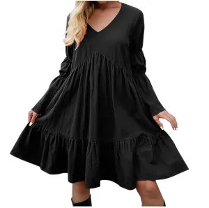 tuduoms Women's Long Sleeve T Shirt Dress Casual Loose Fit Shift Tunic Cotton Dress Ruffle Swing Babydoll Mini Ruffle Dress