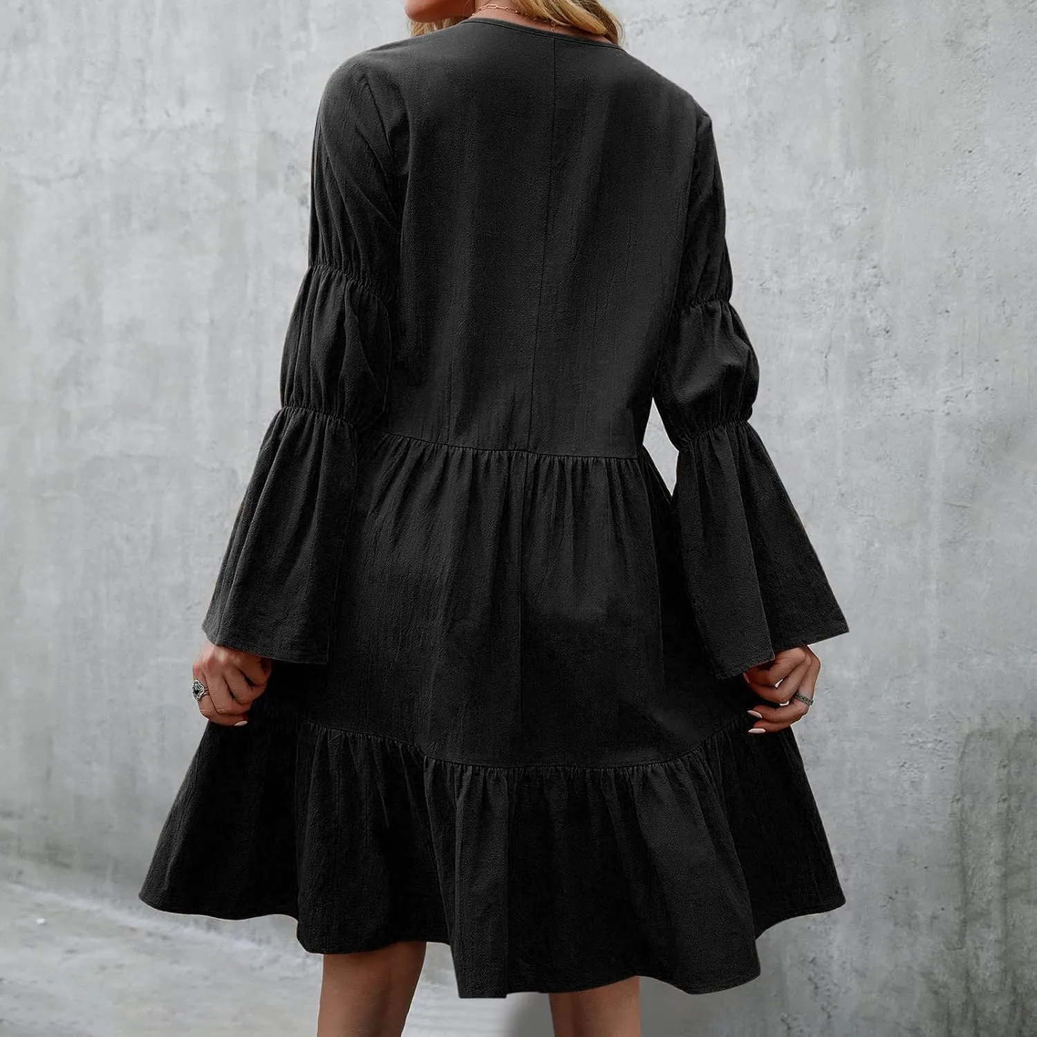 tuduoms Women's Long Sleeve T Shirt Dress Casual Loose Fit Shift Tunic Cotton Dress Ruffle Swing Babydoll Mini Ruffle Dress