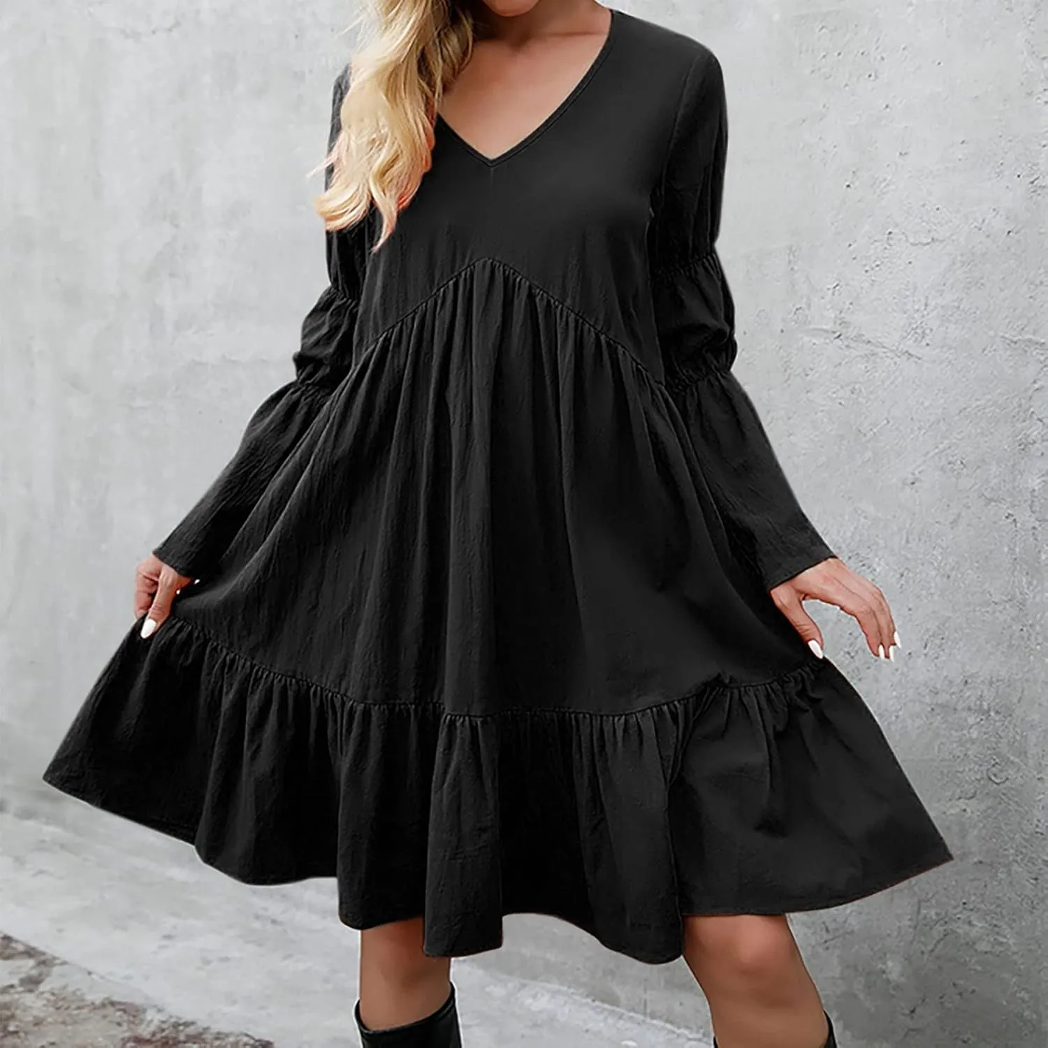 tuduoms Women's Long Sleeve T Shirt Dress Casual Loose Fit Shift Tunic Cotton Dress Ruffle Swing Babydoll Mini Ruffle Dress