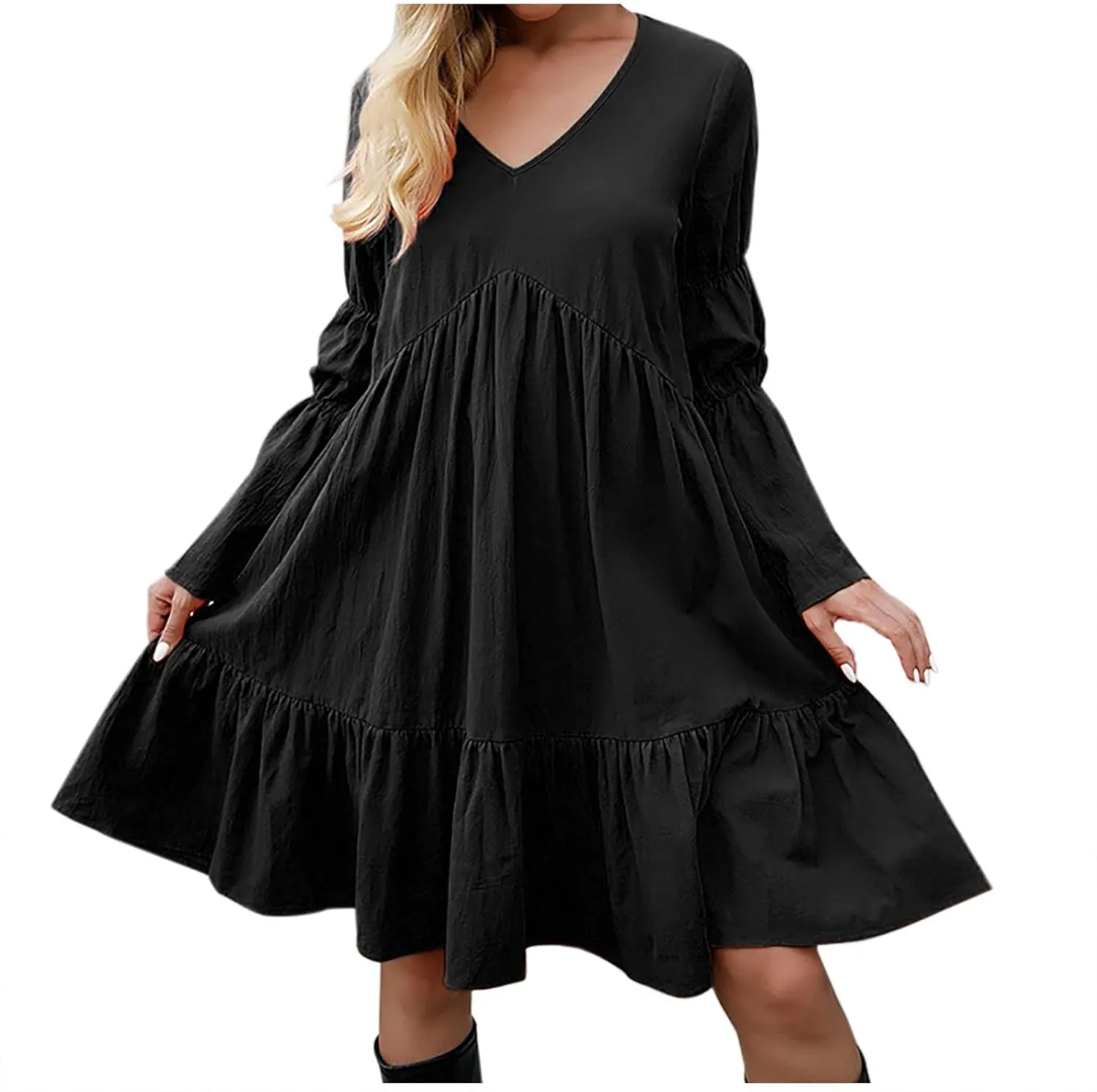 tuduoms Women's Long Sleeve T Shirt Dress Casual Loose Fit Shift Tunic Cotton Dress Ruffle Swing Babydoll Mini Ruffle Dress