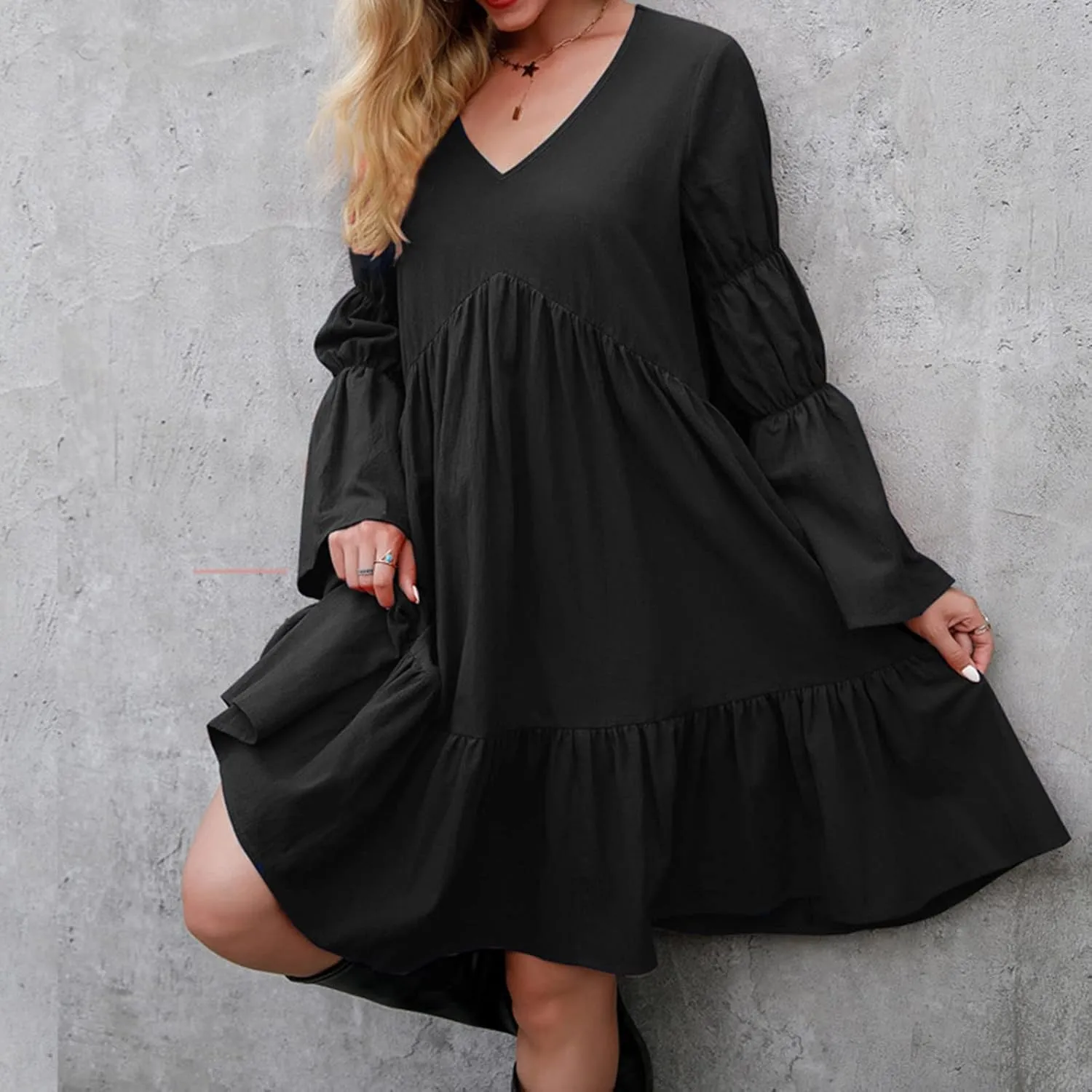 tuduoms Women's Long Sleeve T Shirt Dress Casual Loose Fit Shift Tunic Cotton Dress Ruffle Swing Babydoll Mini Ruffle Dress