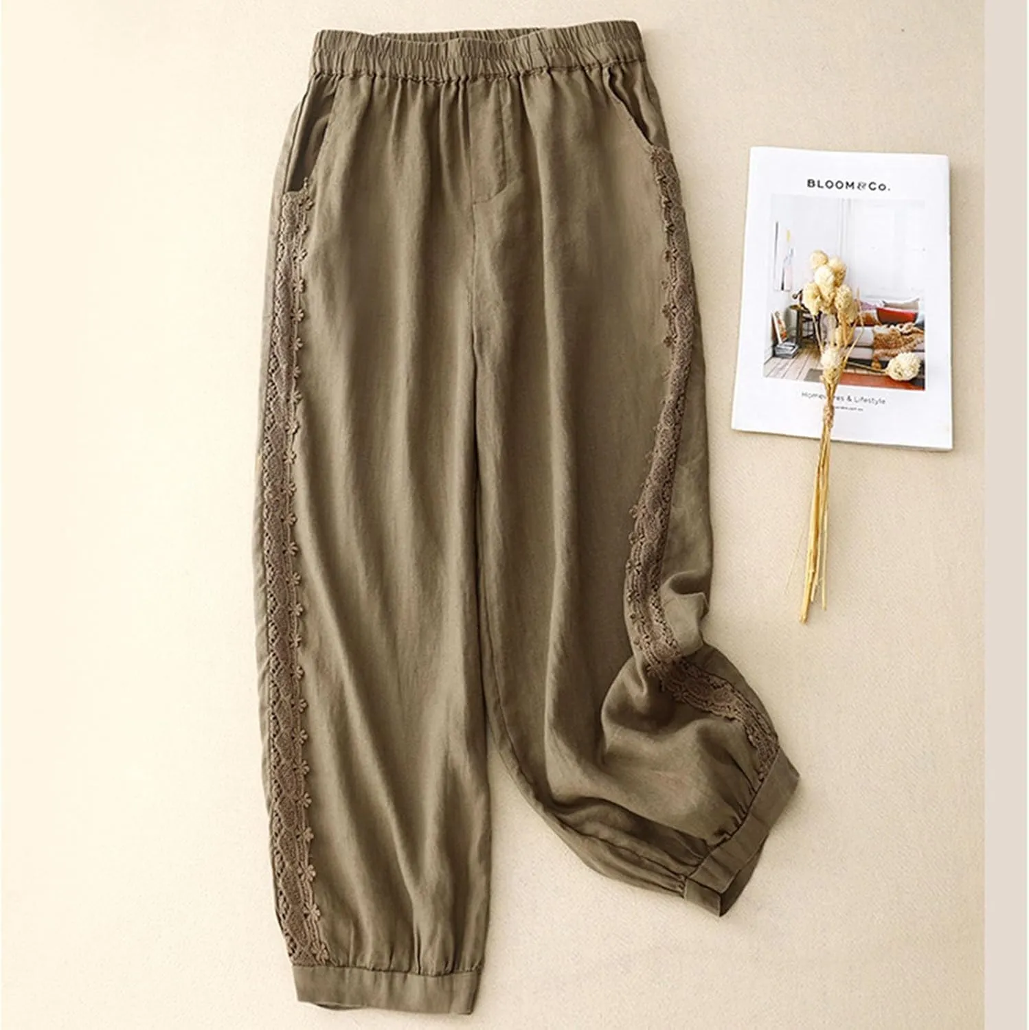 TUNUSKAT Womens Linen Wide Leg Capris Summer Lounge Beach Cotton Capri Pants High Waist Flowy Crop Trousers Vacation Outfits