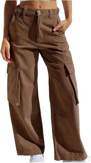 Uillui Western Cowboy Jeans for Women Straight Bootcut Cargo Pants High Waist Button Loose Denim Trouser Casual Bootleg Pant