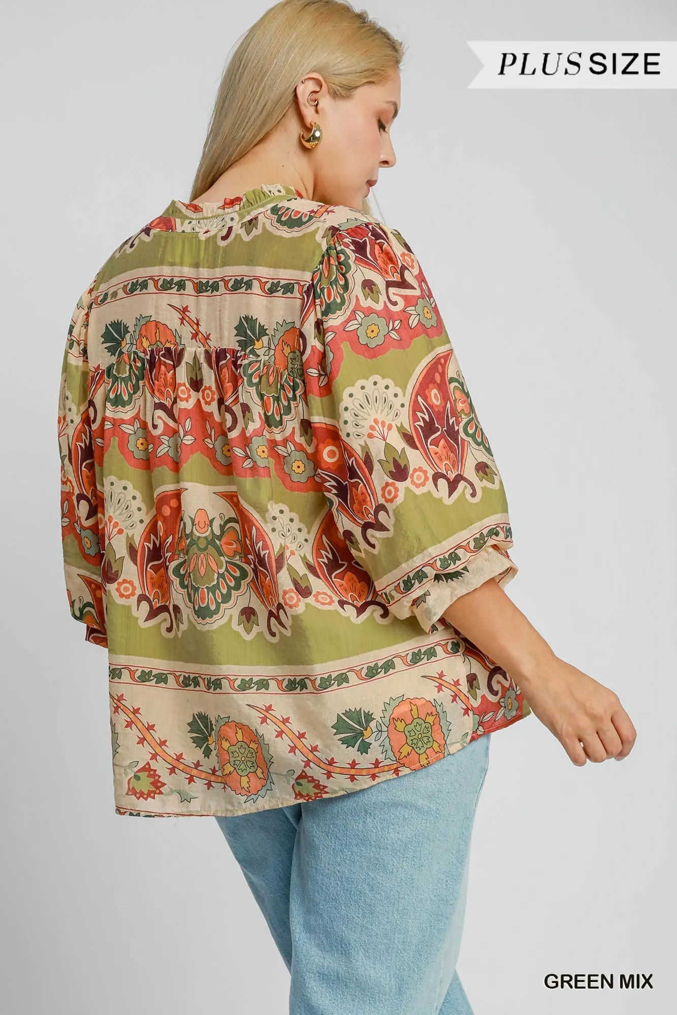 Umgee Border Print Split Neck Top With Puff Sleeves In Green Mix Plus
