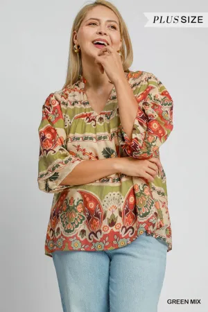 Umgee Border Print Split Neck Top With Puff Sleeves In Green Mix Plus