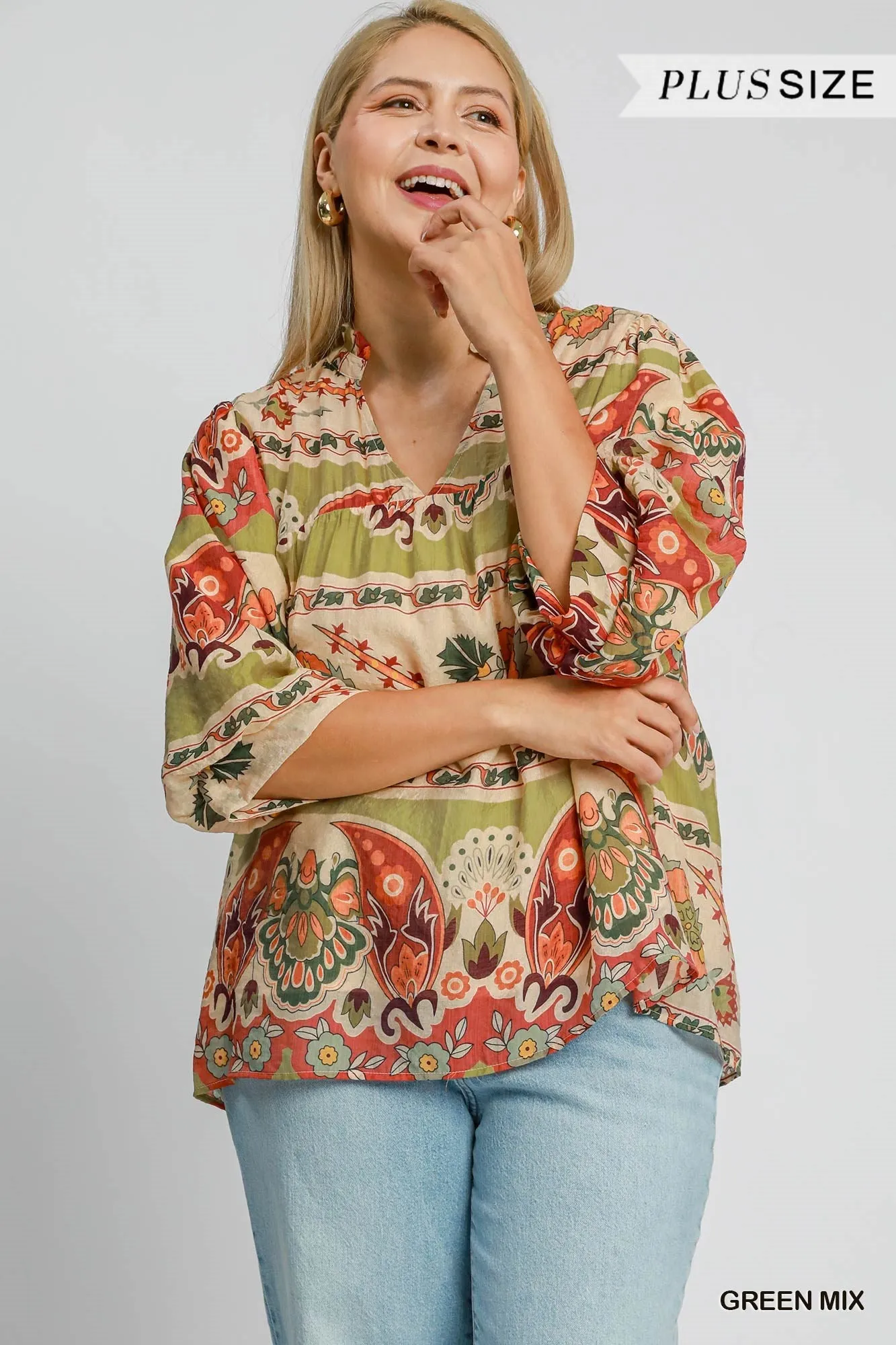 Umgee Border Print Split Neck Top With Puff Sleeves In Green Mix Plus