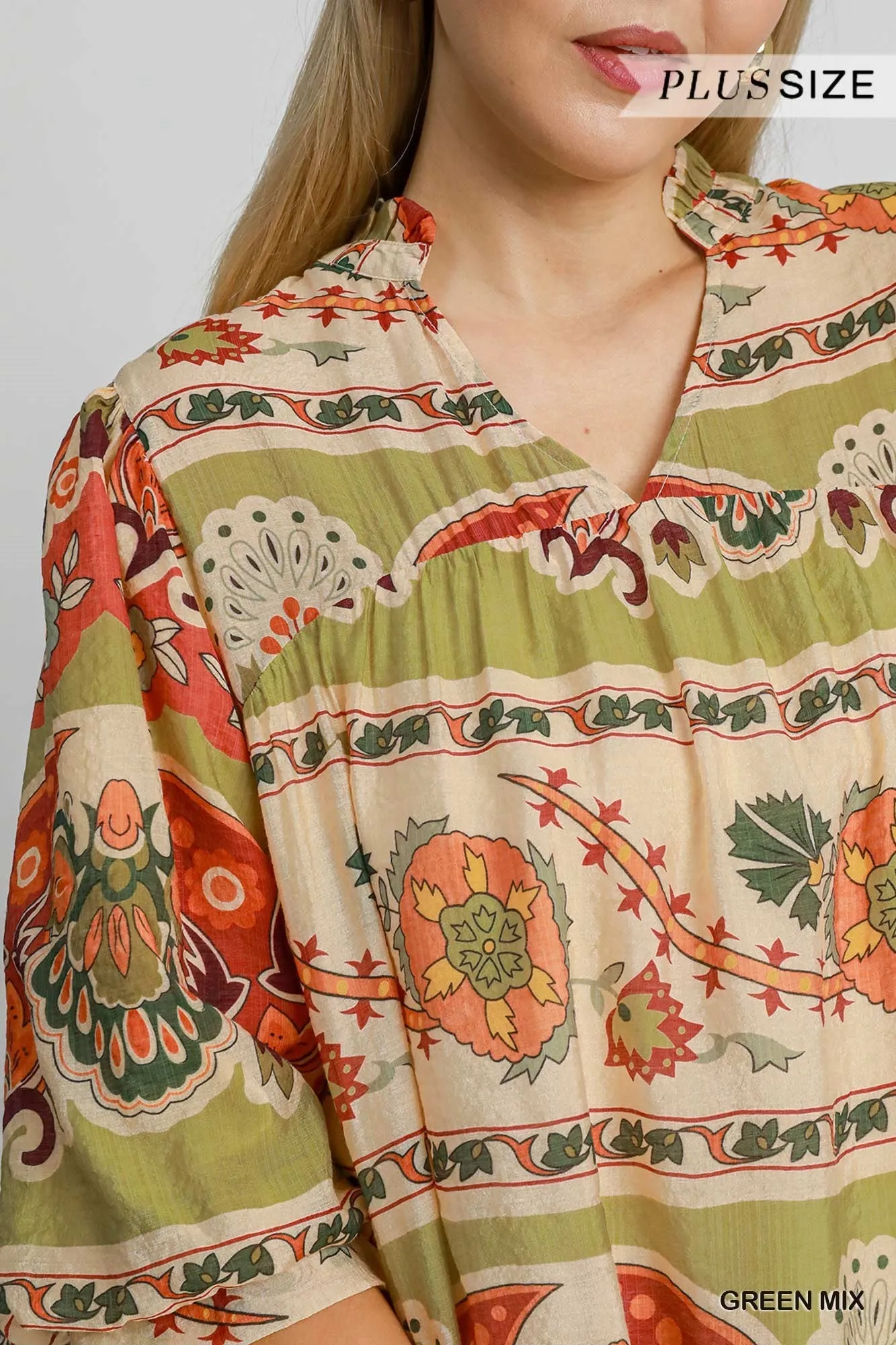 Umgee Border Print Split Neck Top With Puff Sleeves In Green Mix Plus