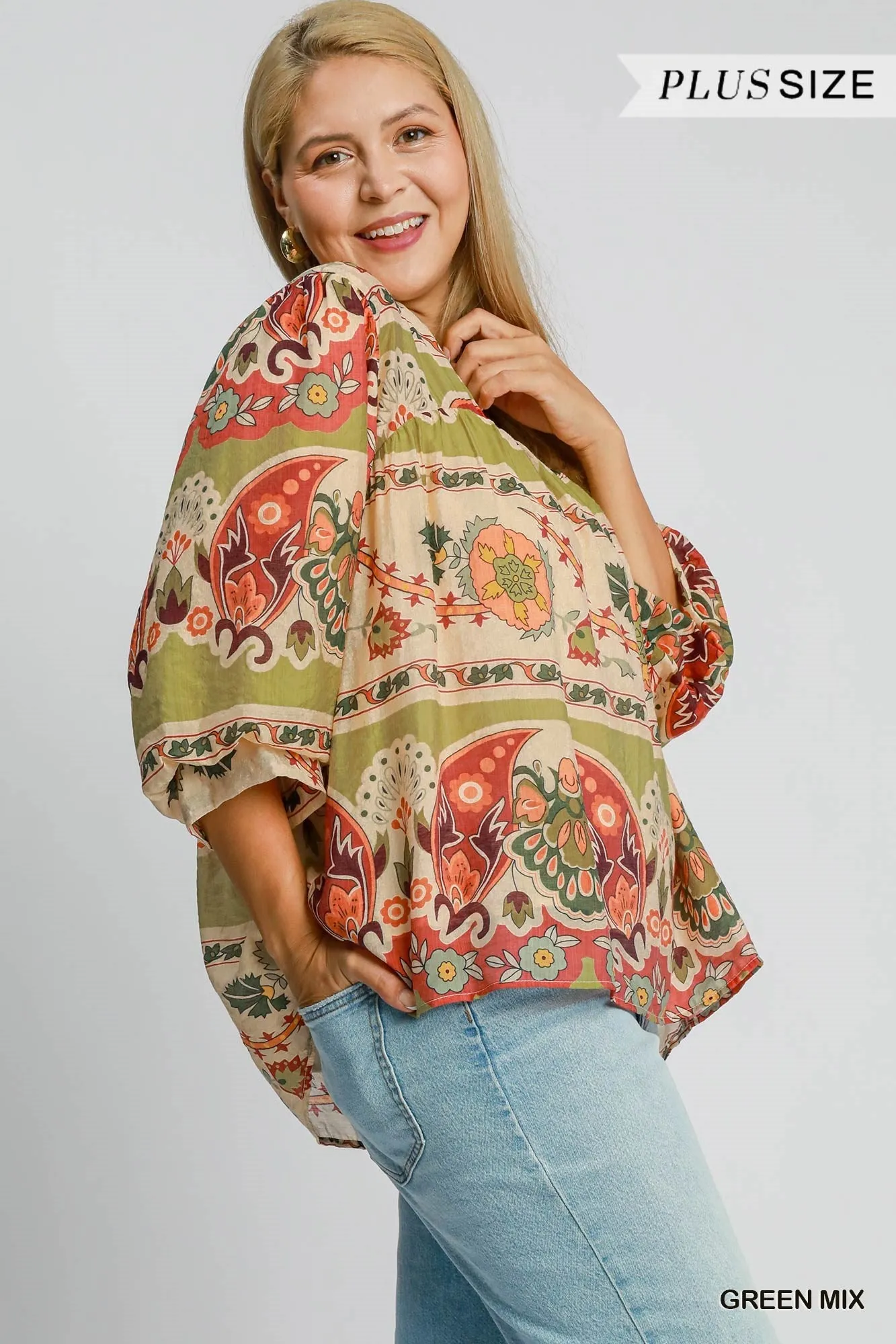 Umgee Border Print Split Neck Top With Puff Sleeves In Green Mix Plus