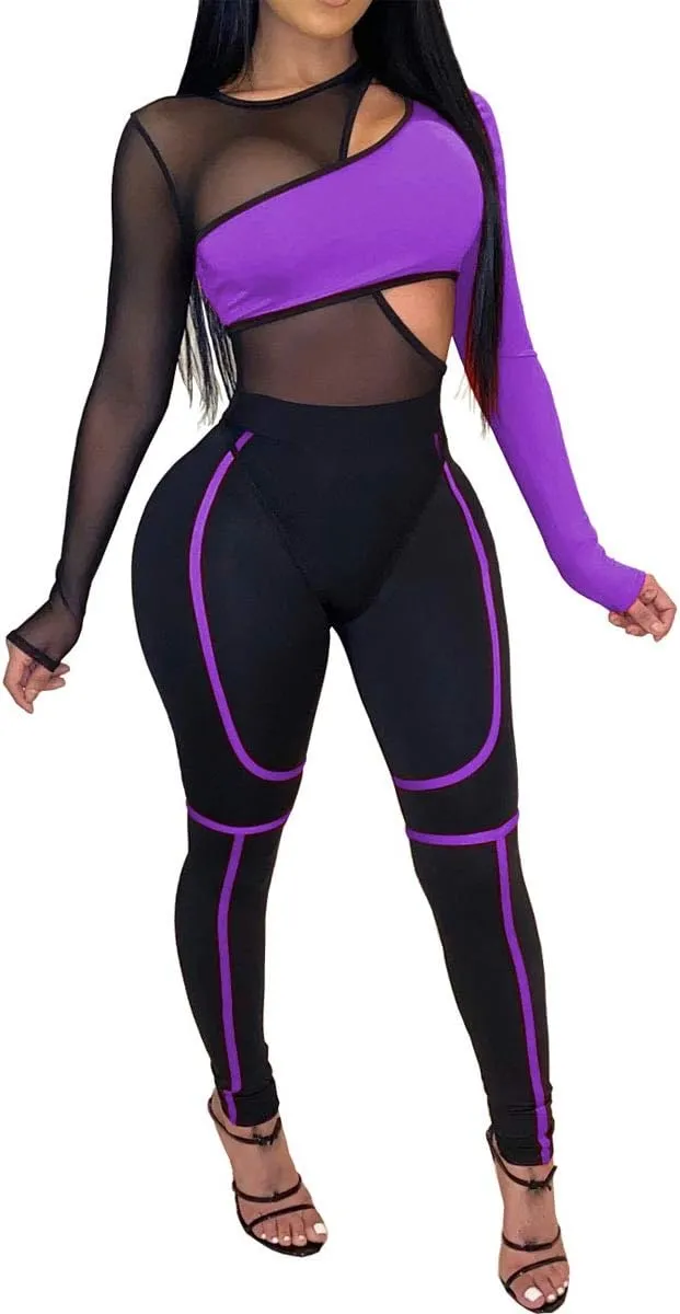 Uni Clau Women's Sheer Mesh Two Piece Jumpsuits See Through Long Sleeve Bodysuit Skinny Long Pants Club Romper