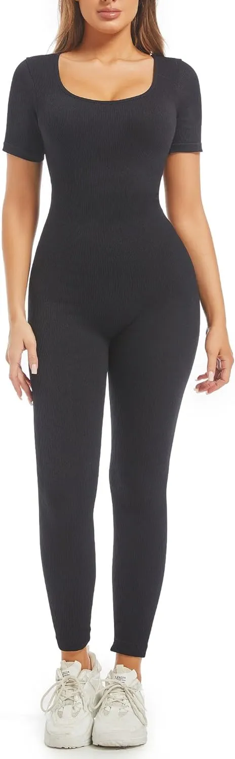 Unitard Jumpsuits for Women Tummy Control Long Bodysuits for Women Full Length Yoga Body Suit One Piece Short Sleeve