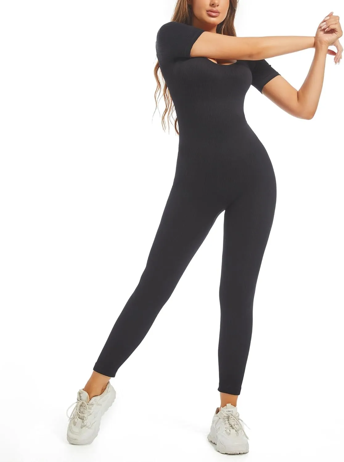 Unitard Jumpsuits for Women Tummy Control Long Bodysuits for Women Full Length Yoga Body Suit One Piece Short Sleeve