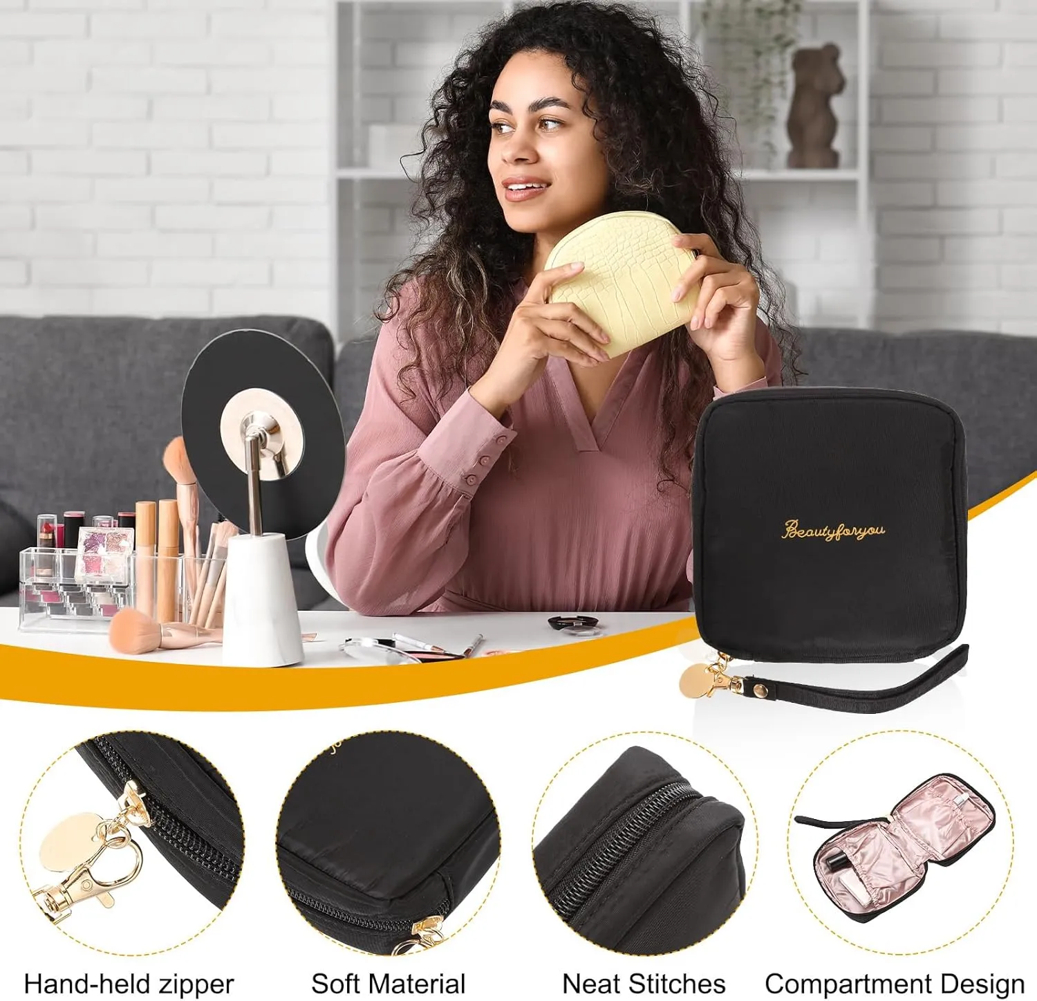 uxcell Mini Makeup Bag for Purse, Small Cute Zipper Travel Cosmetic Bags Preppy Toiletry Storage Pouch for Coin Sanitary, Black
