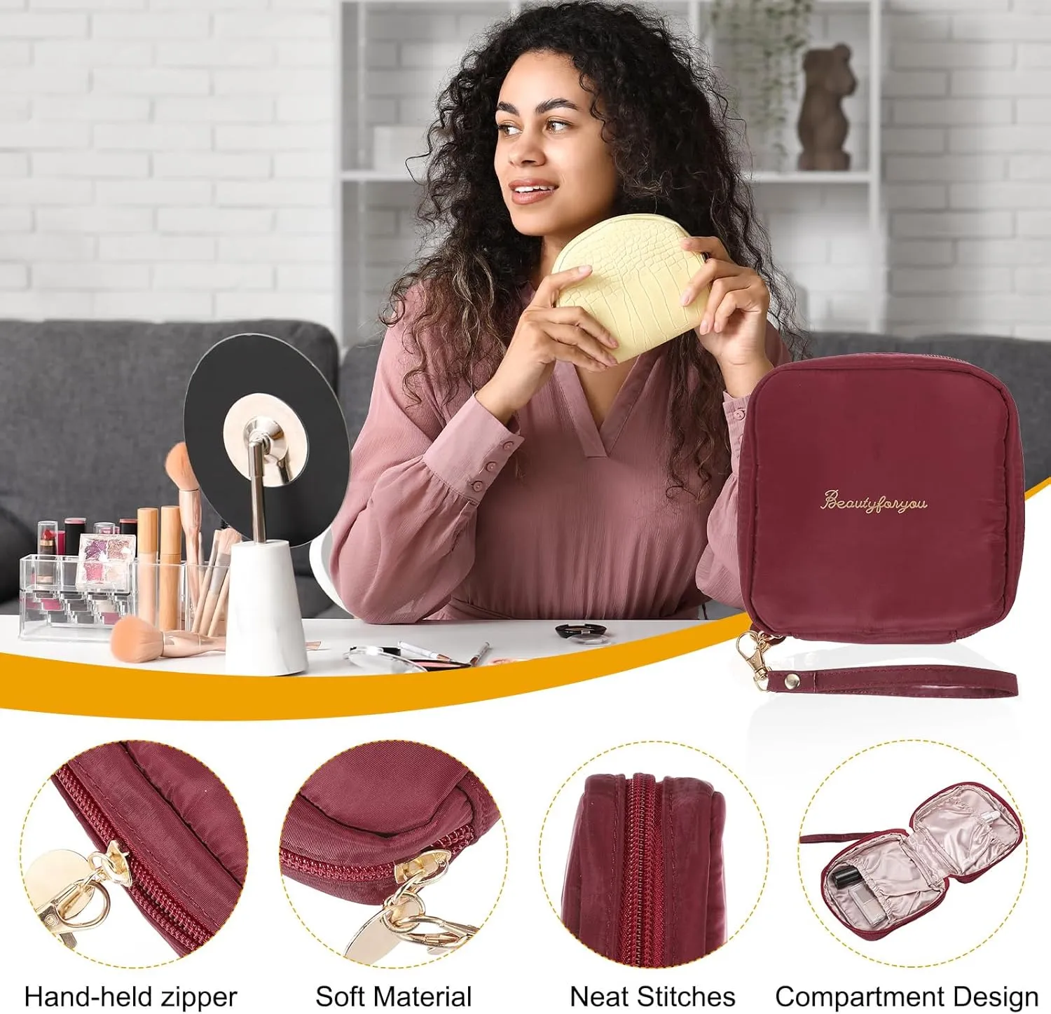 uxcell Mini Makeup Bag for Purse, Small Cute Zipper Travel Cosmetic Bags Preppy Toiletry Storage Pouch for Coin Sanitary, Wine Red