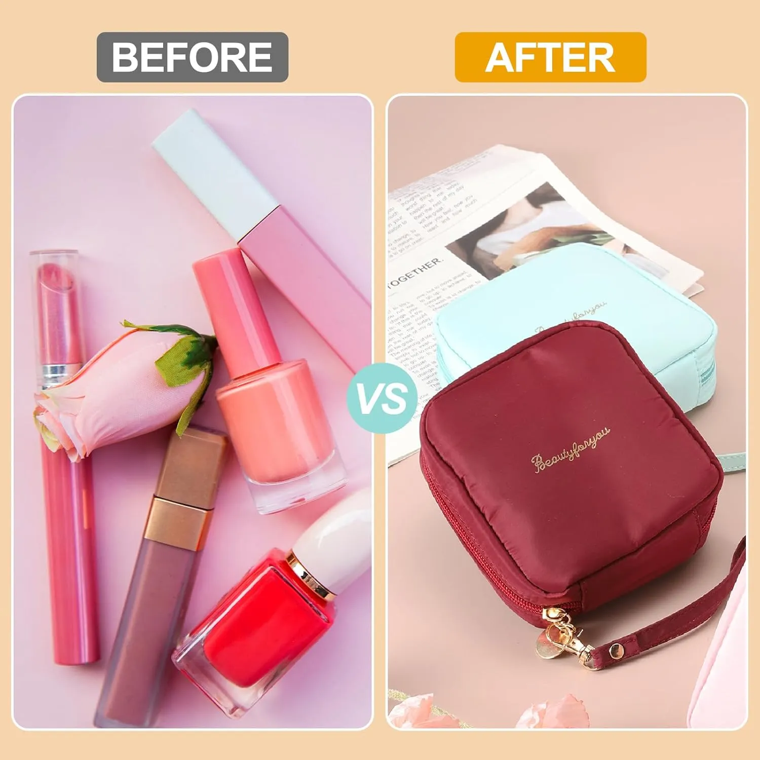 uxcell Mini Makeup Bag for Purse, Small Cute Zipper Travel Cosmetic Bags Preppy Toiletry Storage Pouch for Coin Sanitary, Wine Red