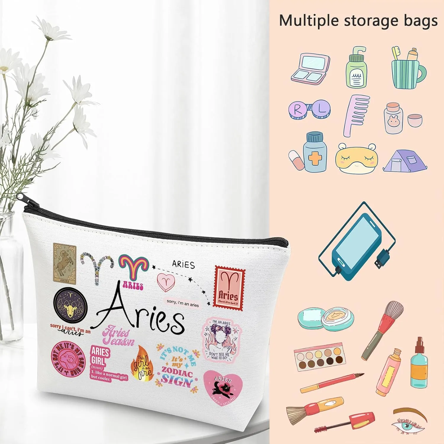 VAMSII 12 Constellation Birthday Gift for Astrology Lover Zodiac Symbol Sign Cosmetic Bag Horoscope Astrology Gift for Her (AriesBag)