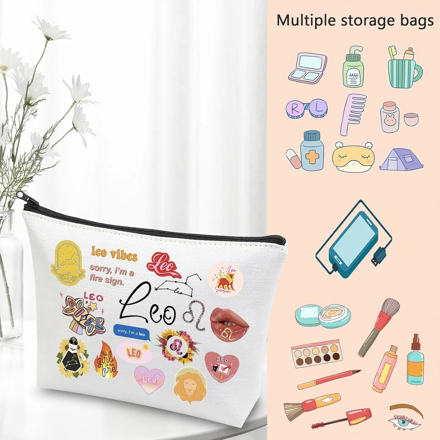 VAMSII 12 Constellation Birthday Gift for Astrology Lover Zodiac Symbol Sign Cosmetic Bag Horoscope Astrology Gift for Her (LeoBag)