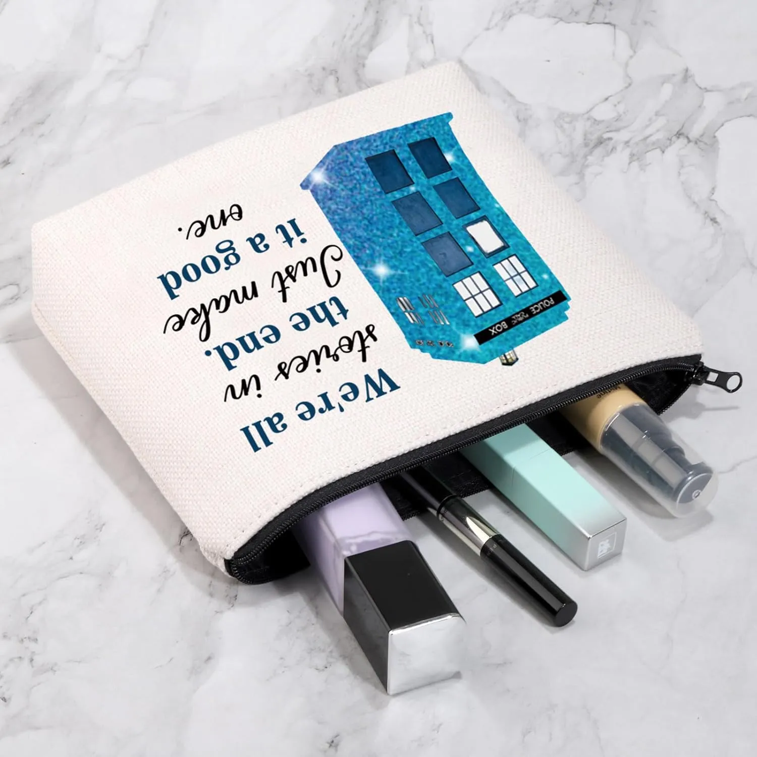VAMSII Dr Who Makeup Bag Who TV Show Inspired Gifts Policeman Box Fans Gifts Dr Who Merchandise (stories bag)