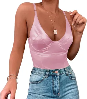 Velius Women's Sexy Metallic Shiny Bodysuit Tank Tops for Night Club Going Out