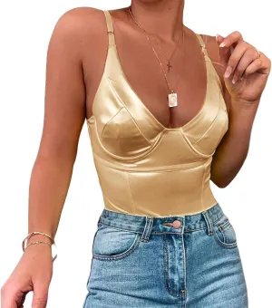 Velius Women's Sexy Metallic Shiny Bodysuit Tank Tops for Night Club Going Out