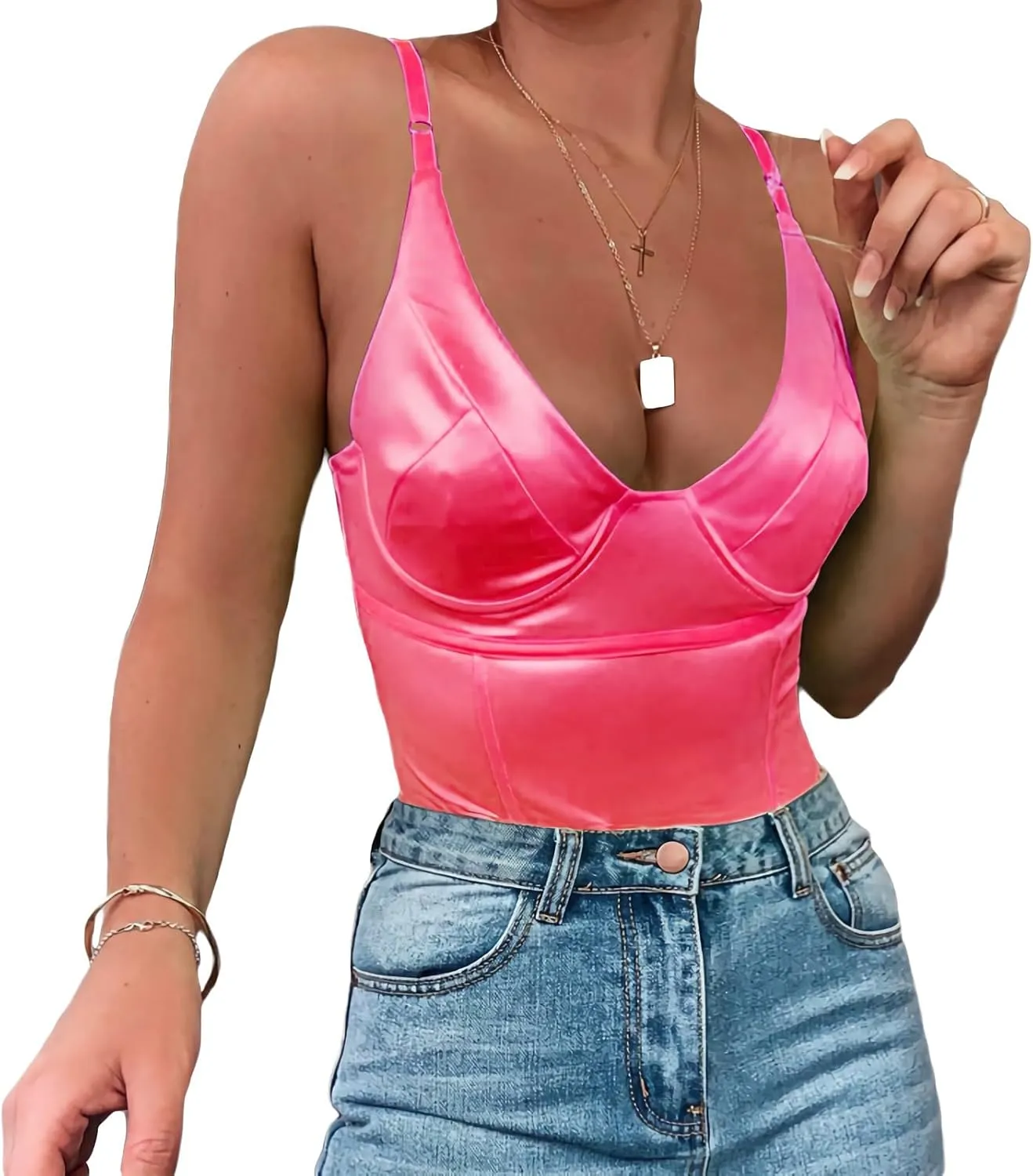 Velius Women's Sexy Metallic Shiny Bodysuit Tank Tops for Night Club Going Out