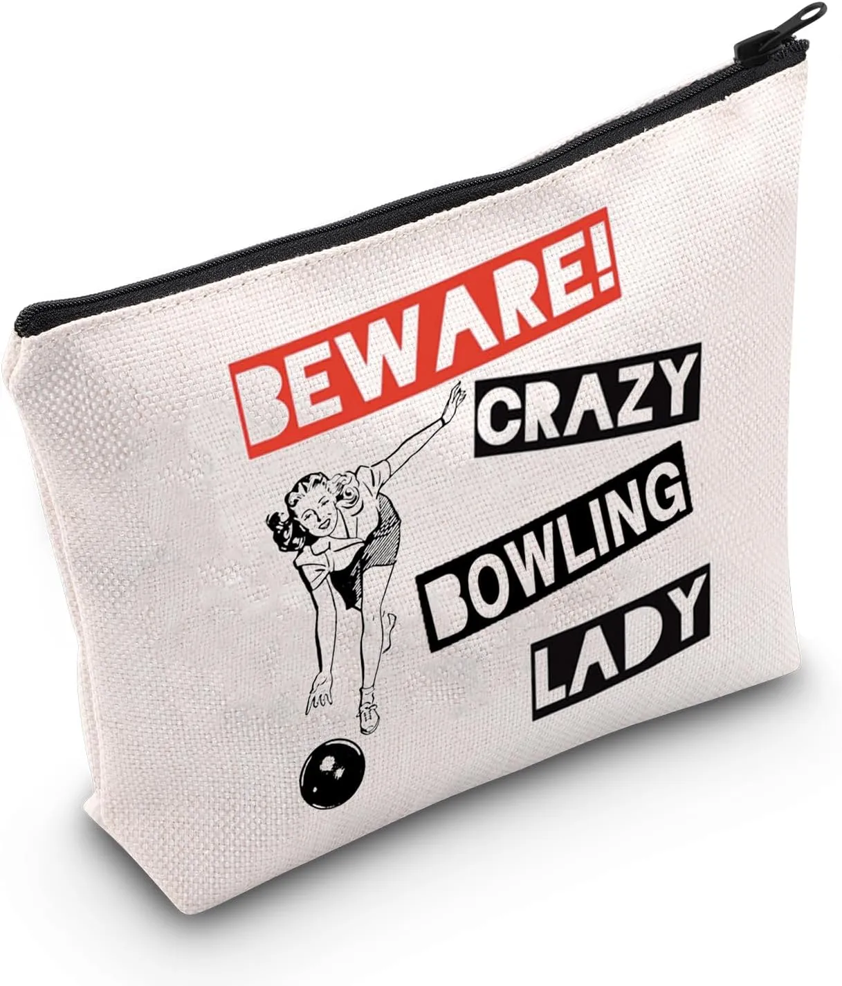 WCGXKO Bowling Gift Crazy Bowling Lady Bowler Zipper Pouch Makeup Bag for Women (B-Bowling Lady), beige