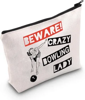 WCGXKO Bowling Gift Crazy Bowling Lady Bowler Zipper Pouch Makeup Bag for Women (B-Bowling Lady), beige