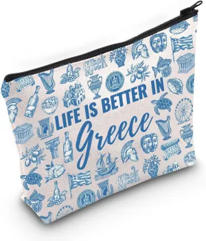 WCGXKO Greece Gift Greece Souvenir Makeup Bag Life Is Better in Greece Greek Souvenir Gift Greece Travel Vacation Gift (Greece Bag)