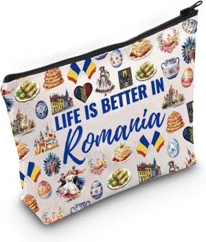 WCGXKO Romania Souvenir Makeup Bag Romania Travel Gift Romania Vacation Gift Life Is Better in Romania (Romania Bag)