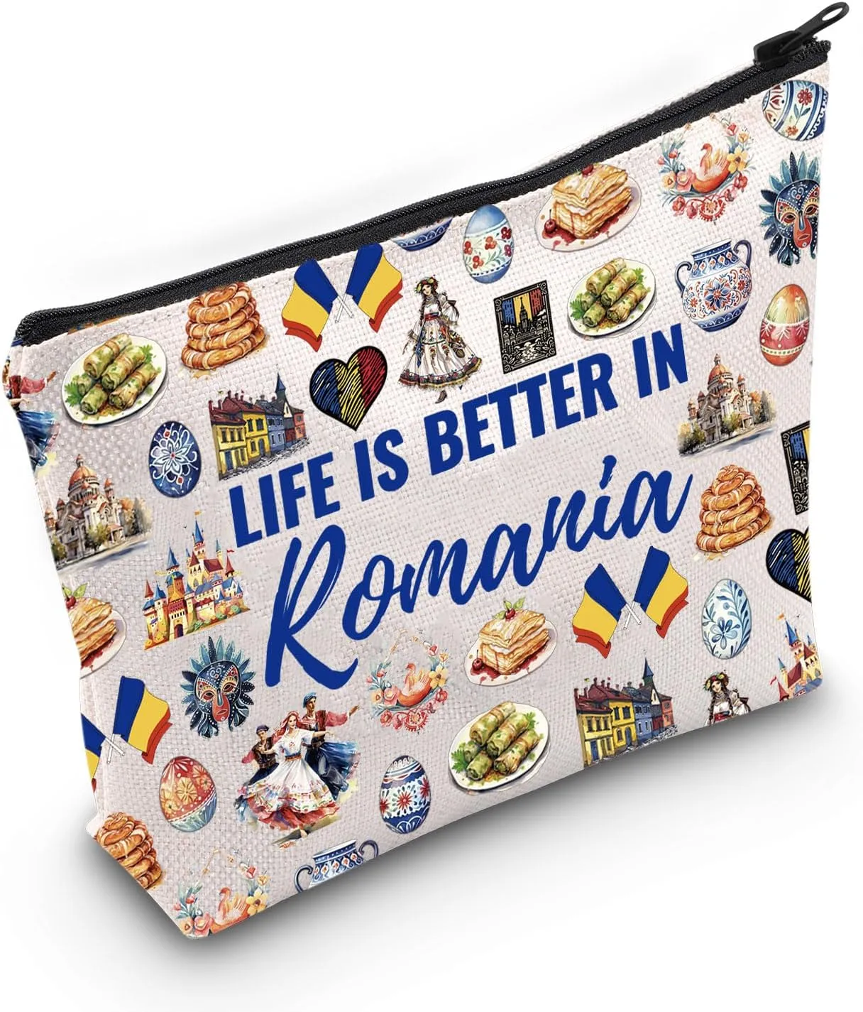 WCGXKO Romania Souvenir Makeup Bag Romania Travel Gift Romania Vacation Gift Life Is Better in Romania (Romania Bag)