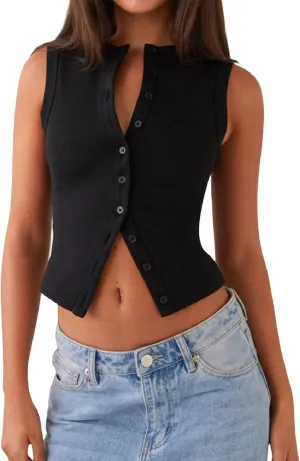 wdehow Women Y2k Ribbed Vest Button Down Solid Color V Neck Sleeveless Slim Fit Crop Going Out Tops