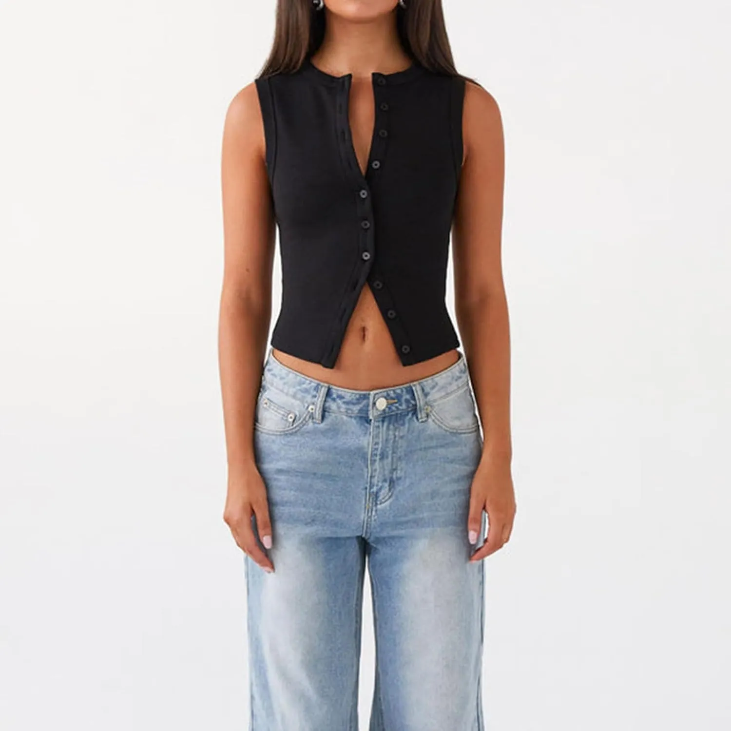 wdehow Women Y2k Ribbed Vest Button Down Solid Color V Neck Sleeveless Slim Fit Crop Going Out Tops